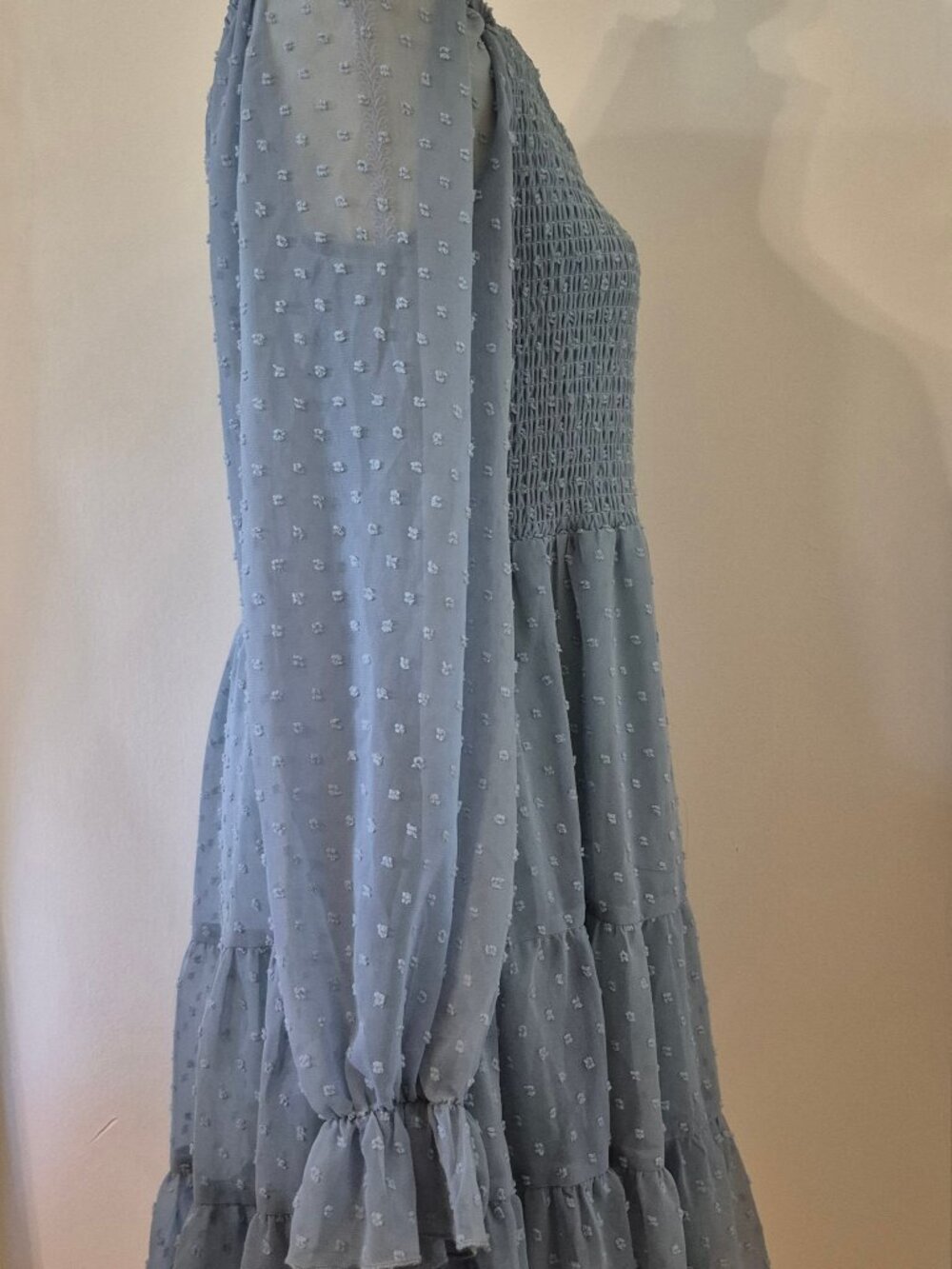 Altar'd State Oisin Babydoll Mini Dress Blue Smocked Swiss Dot Sheer Sleeve Boho - Picture 3 of 13